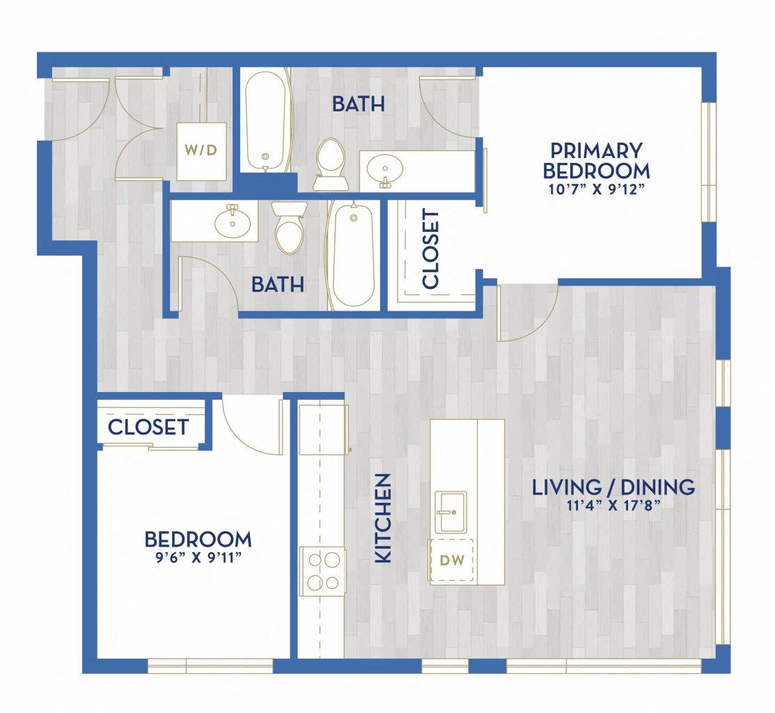 Floor plan layout diagram for D1 - Two Bed, Two Bath
